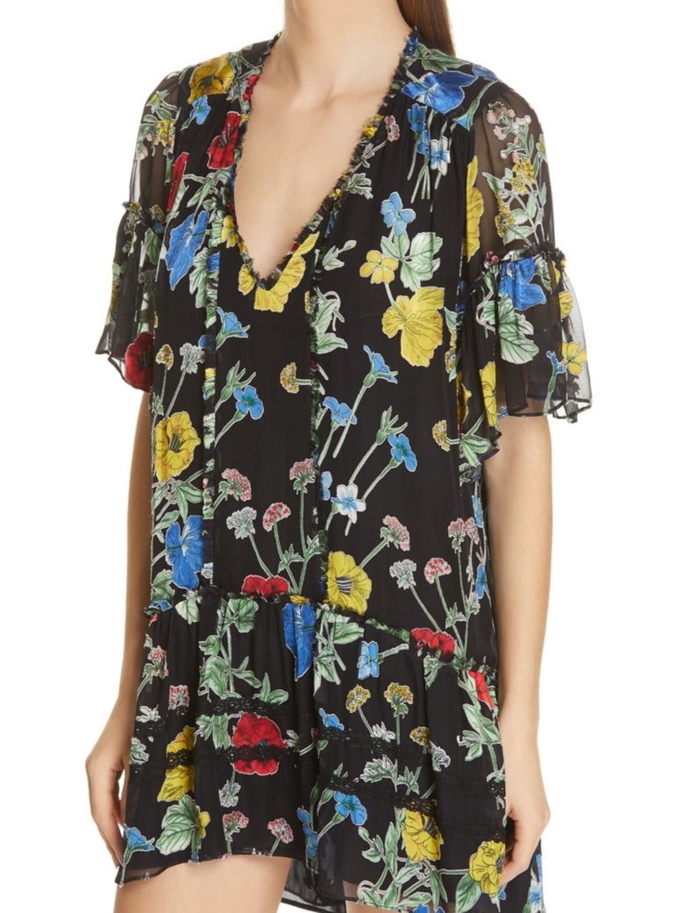 Alice + Olivia Black Floral V-Neck Ruffle Mini Dress